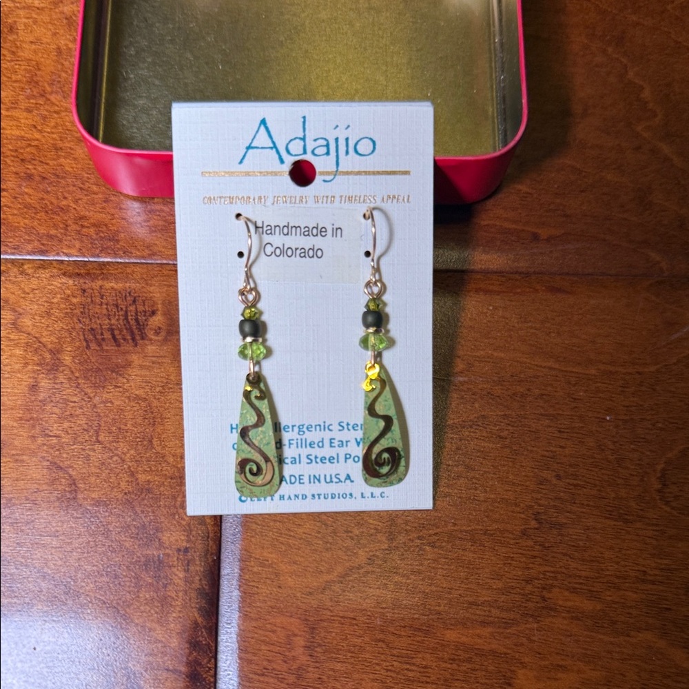 Adajio Green and Gold Dangle Earrings NWT